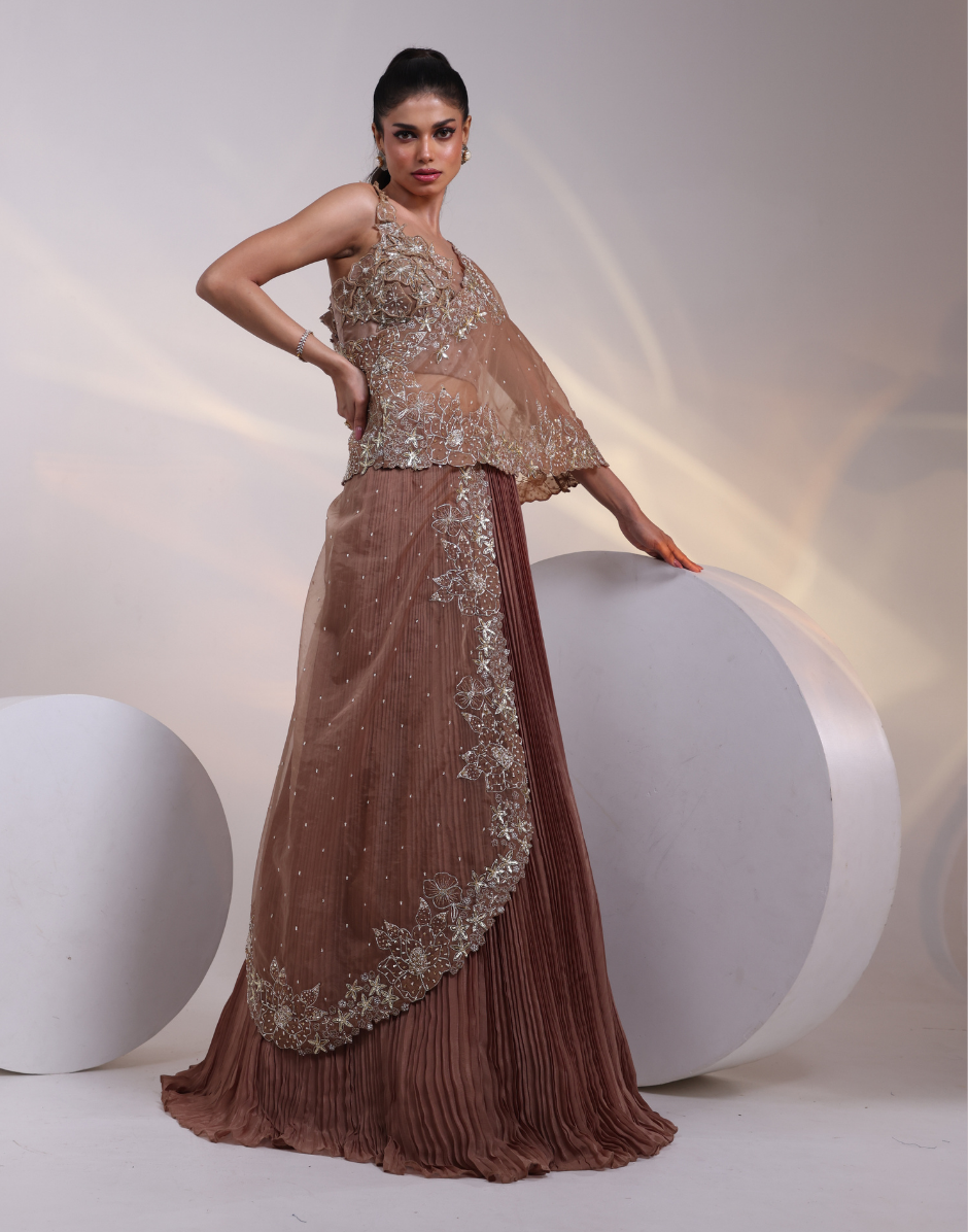 Brown Three-Piece Set with Embellished Bustier Bead-Scattered Detailing & Pleated Skirt_2