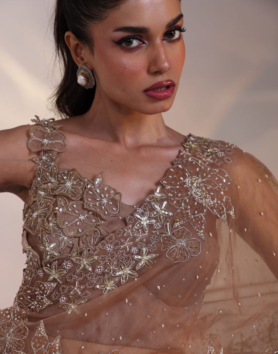 Brown Three-Piece Set with Embellished Bustier Bead-Scattered Detailing & Pleated Skirt_3