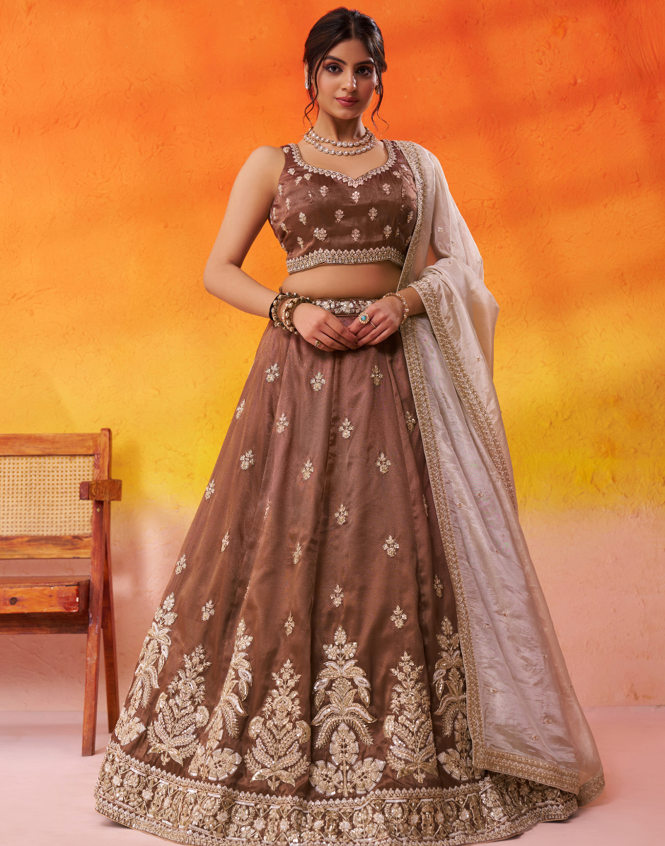 Brown Tissue Lehenga Choli Set with Sequin Embroidered Blouse and Dupatta for Wedding & Festive Wear - Buy