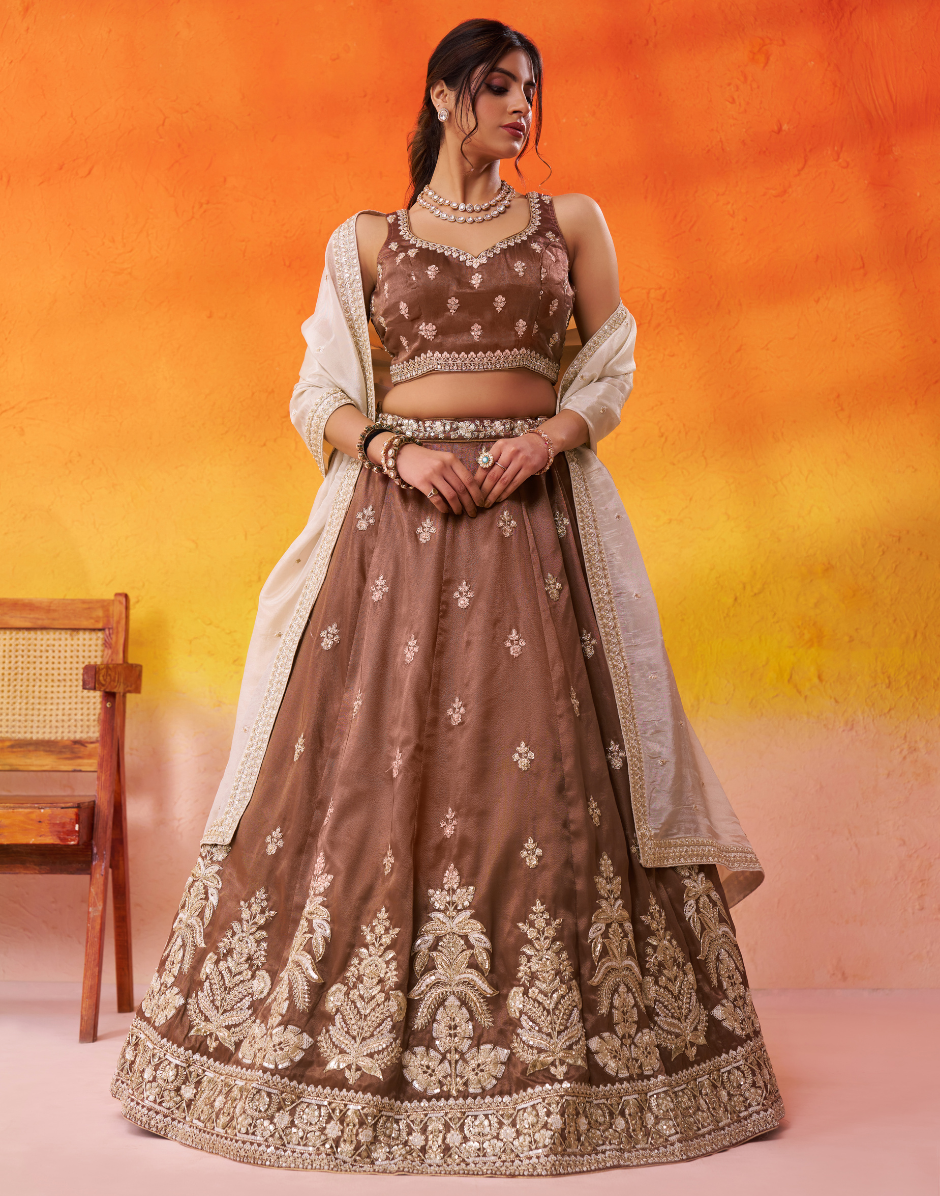 Brown Tissue Lehenga Choli Set with Sequin Embroidered Blouse and Dupatta for Wedding & Festive Wear - Buy_2