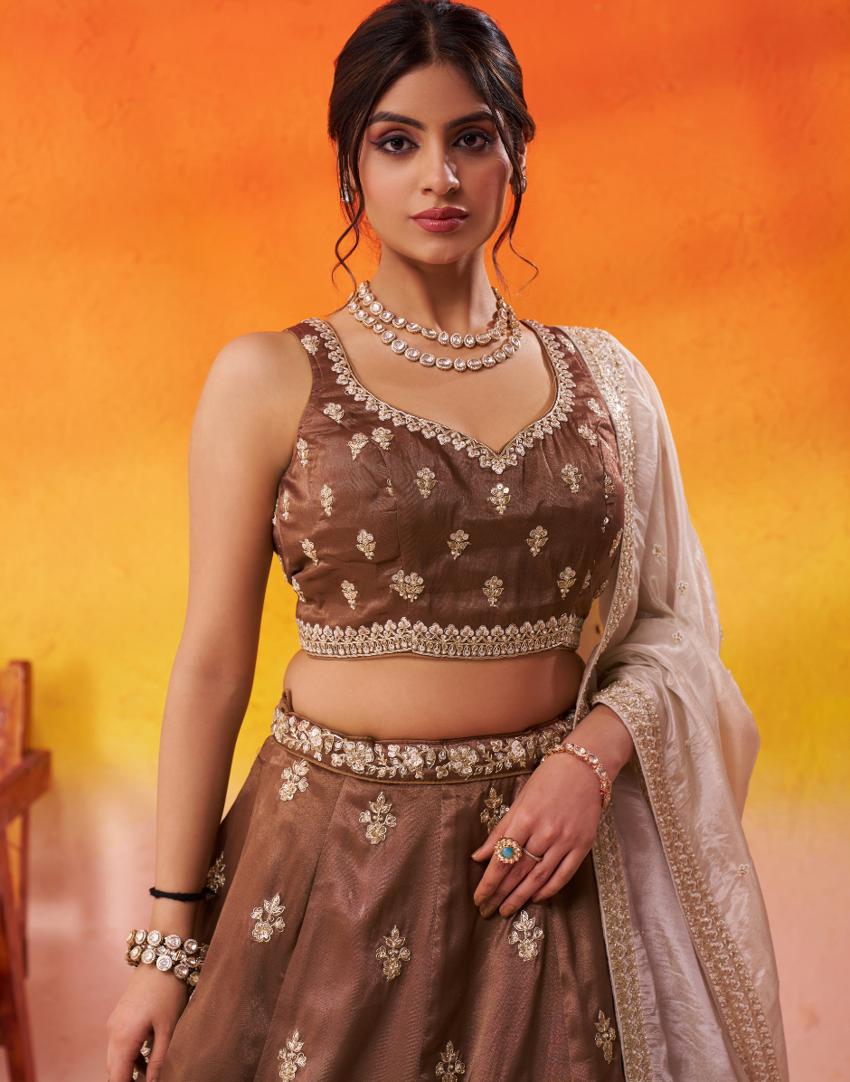Brown Tissue Lehenga Choli Set with Sequin Embroidered Blouse and Dupatta for Wedding & Festive Wear - Buy_4