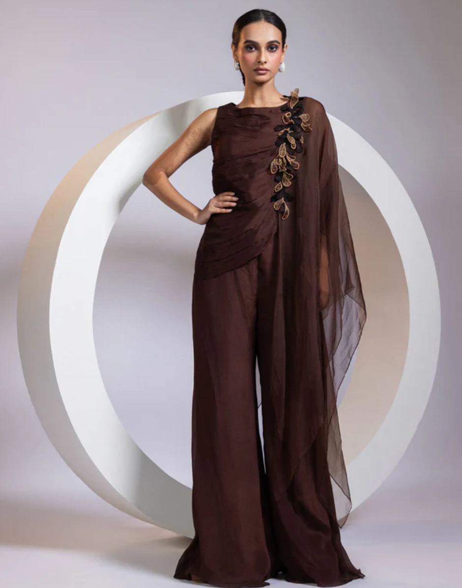 Brown Two-Piece Set with Pleated Draped Top, Floral Applique & Flowy Palazzo Pants