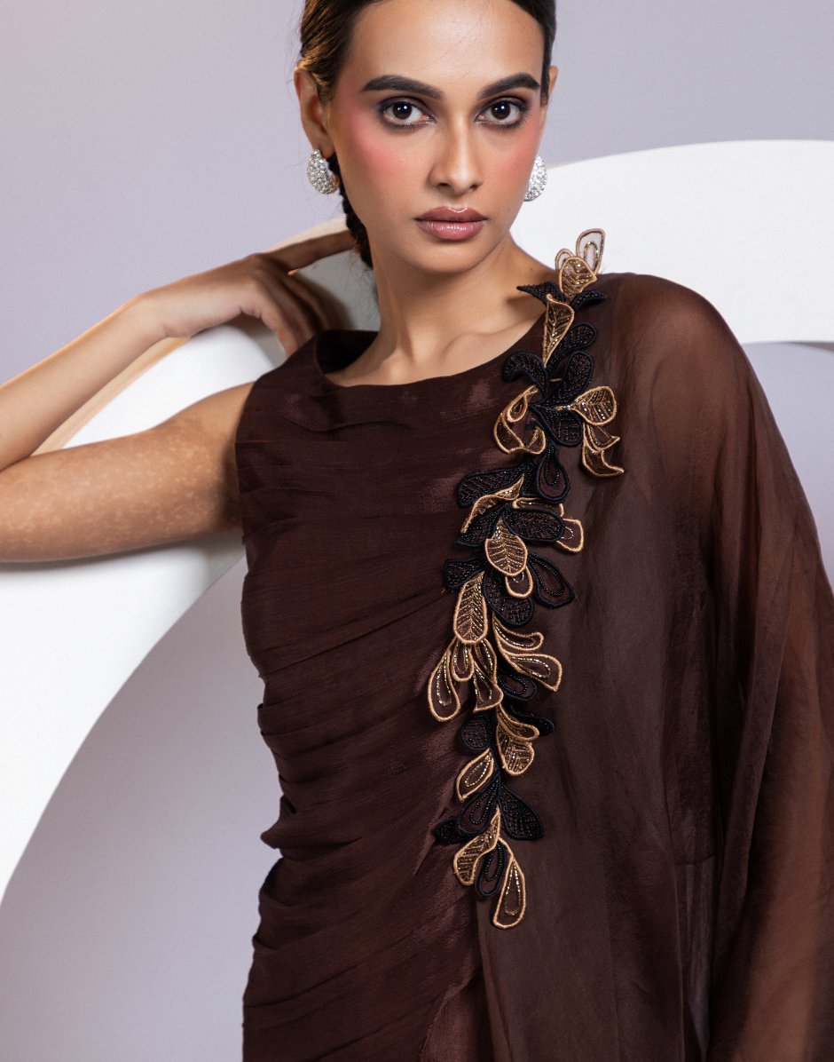Brown Two-Piece Set with Pleated Draped Top, Floral Applique & Flowy Palazzo Pants