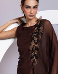 Brown Two-Piece Set with Pleated Draped Top, Floral Applique & Flowy Palazzo Pants_1