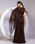 Brown Two-Piece Set with Pleated Draped Top, Floral Applique & Flowy Palazzo Pants_2