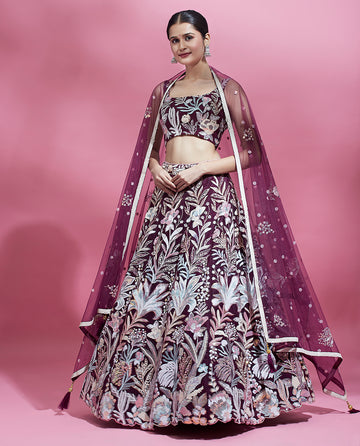 Burgundy Embroidered Net Heavy Lehenga Set with Blouse & Dupatta Regal Bridal & Party Wear
