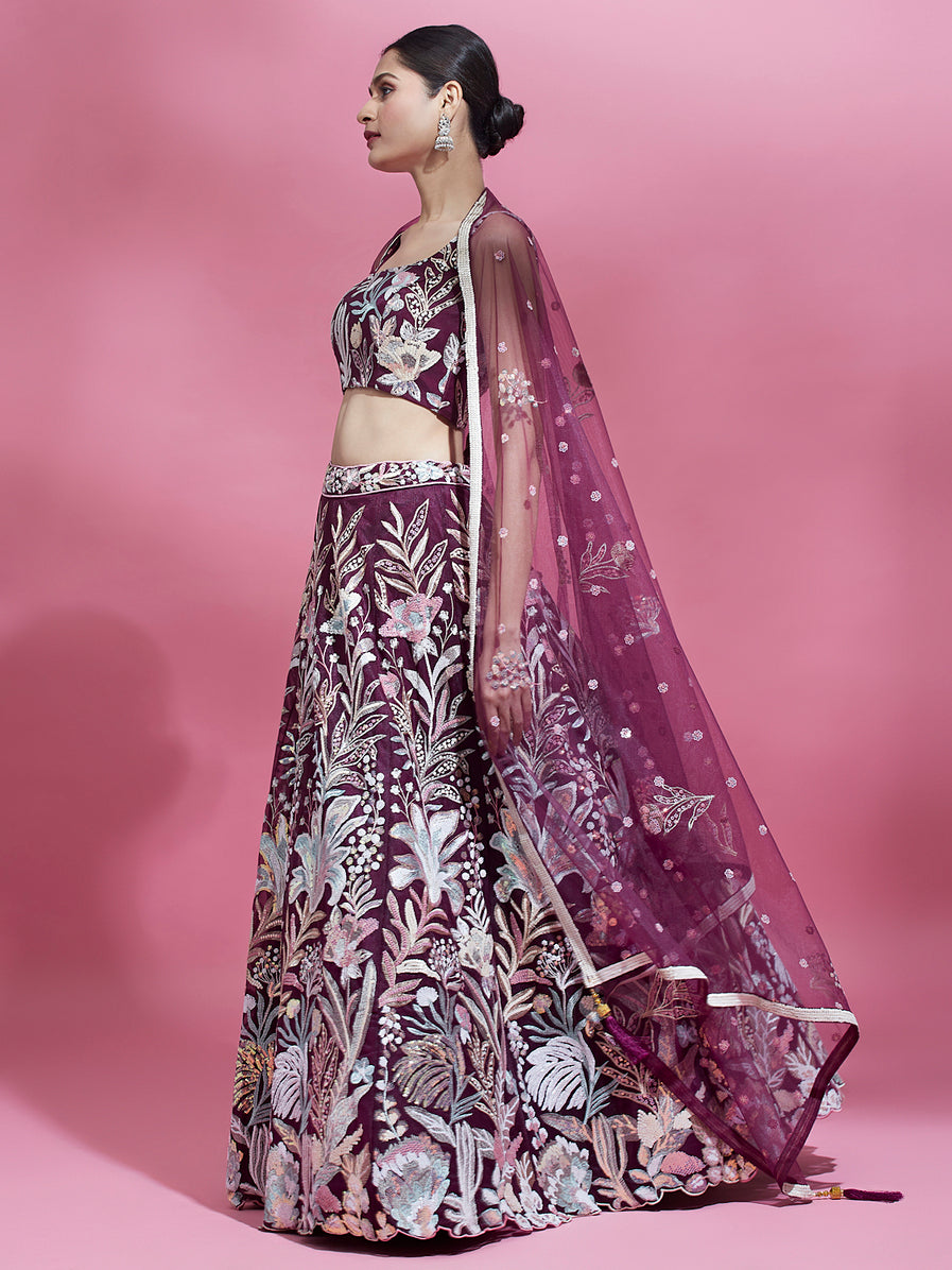 Burgundy Embroidered Net Heavy Lehenga Set with Blouse & Dupatta Regal Bridal & Party Wear