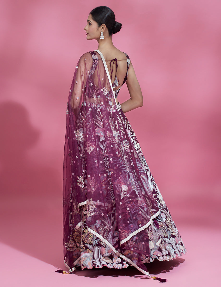 Burgundy Embroidered Net Heavy Lehenga Set with Blouse & Dupatta Regal Bridal & Party Wear