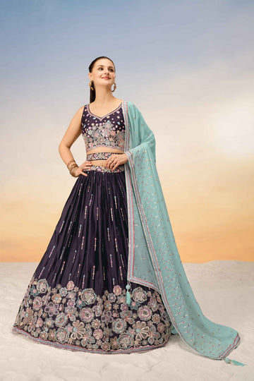Burgundy Lovely Pure Georgette Lehenga Choli with Sequins - Rent Now