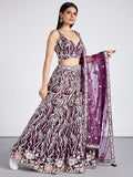 Burgundy Net Sequins Embroidery Lehenga Set_1