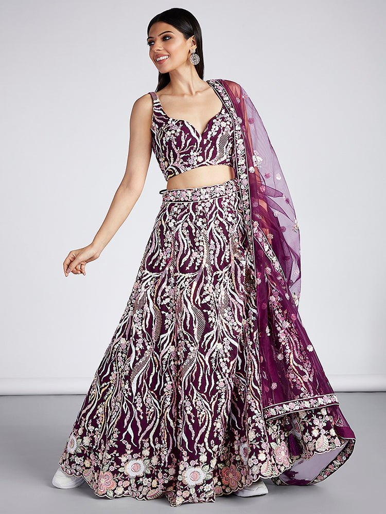 Burgundy Net Sequins Embroidery Lehenga Set_3