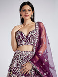 Burgundy Net Sequins Embroidery Lehenga Set_4