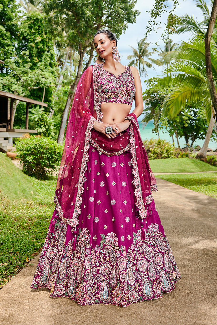Burgundy Satin Silk Sequins and Zarkan embroidery Lehenga choli & Dupatta_1