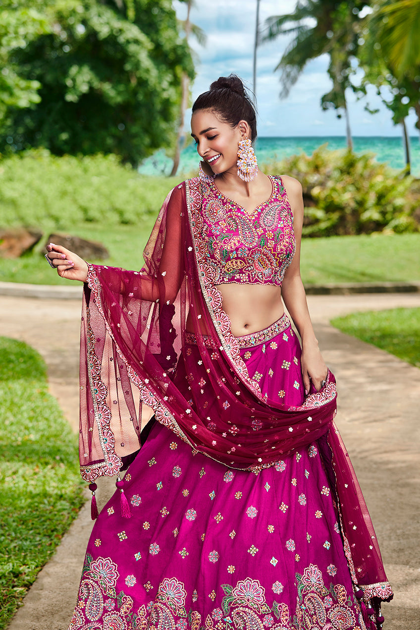 Burgundy Satin Silk Sequins and Zarkan embroidery Lehenga choli & Dupatta_3