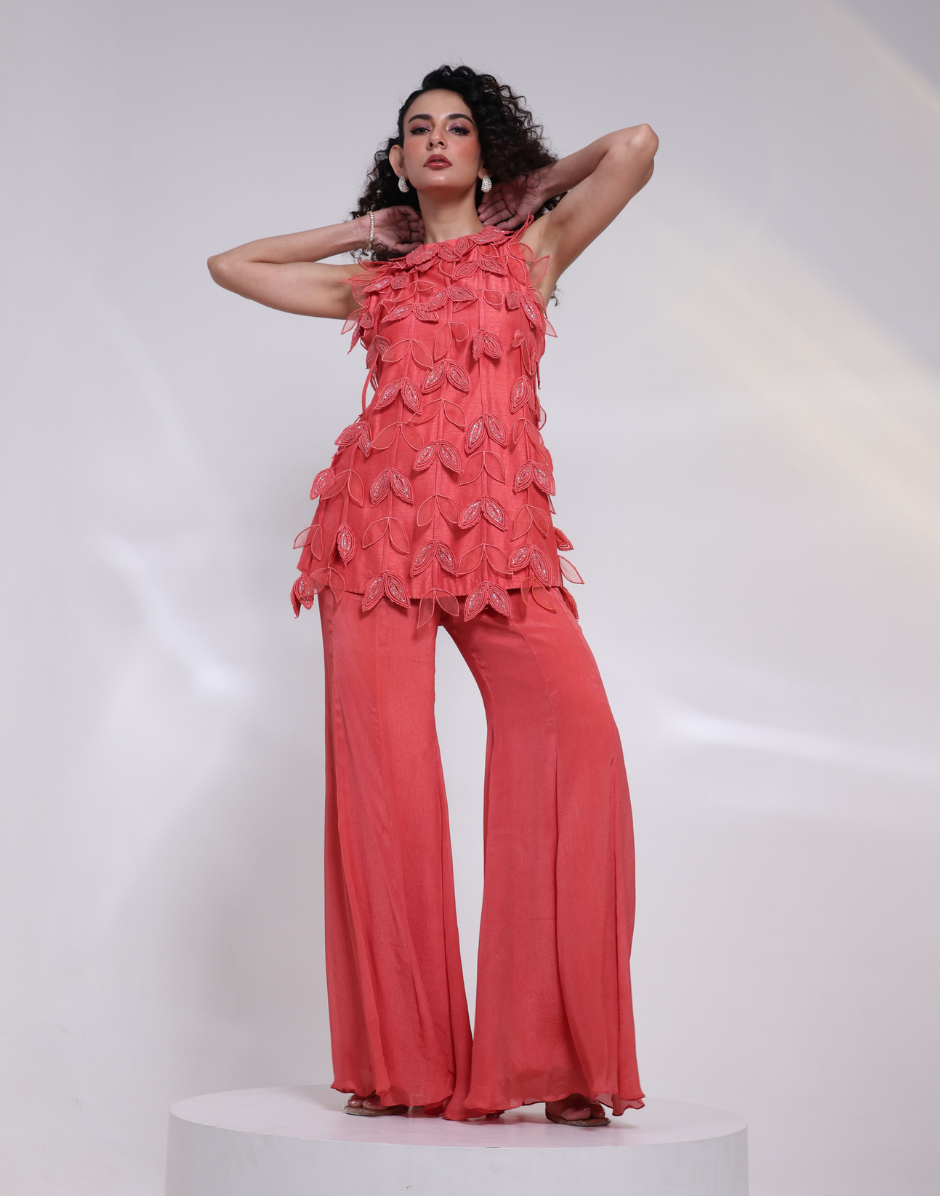 Burnt Terracotta Orange Two-Piece Co-Ord Set 3D Leaf Appliqué & Embellished Straight Cut Top