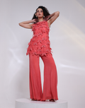 Burnt Terracotta Orange Two-Piece Co-Ord Set 3D Leaf Appliqué & Embellished Straight Cut Top