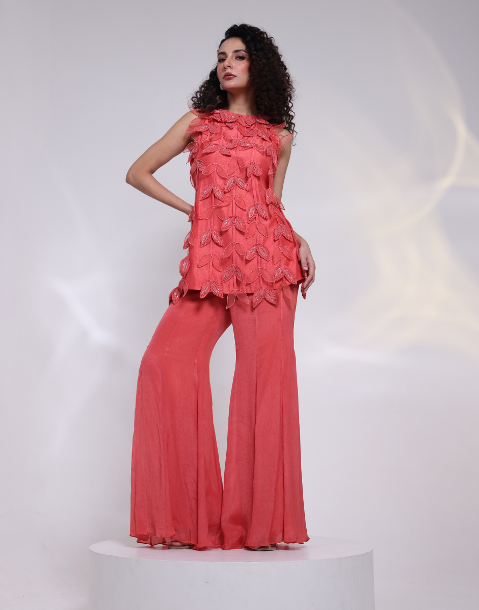 Burnt Terracotta Orange Two-Piece Co-Ord Set 3D Leaf Appliqué & Embellished Straight Cut Top