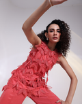 Burnt Terracotta Orange Two-Piece Co-Ord Set 3D Leaf Appliqué & Embellished Straight Cut Top_2