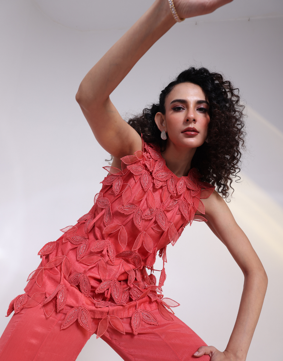 Burnt Terracotta Orange Two-Piece Co-Ord Set 3D Leaf Appliqué & Embellished Straight Cut Top_2