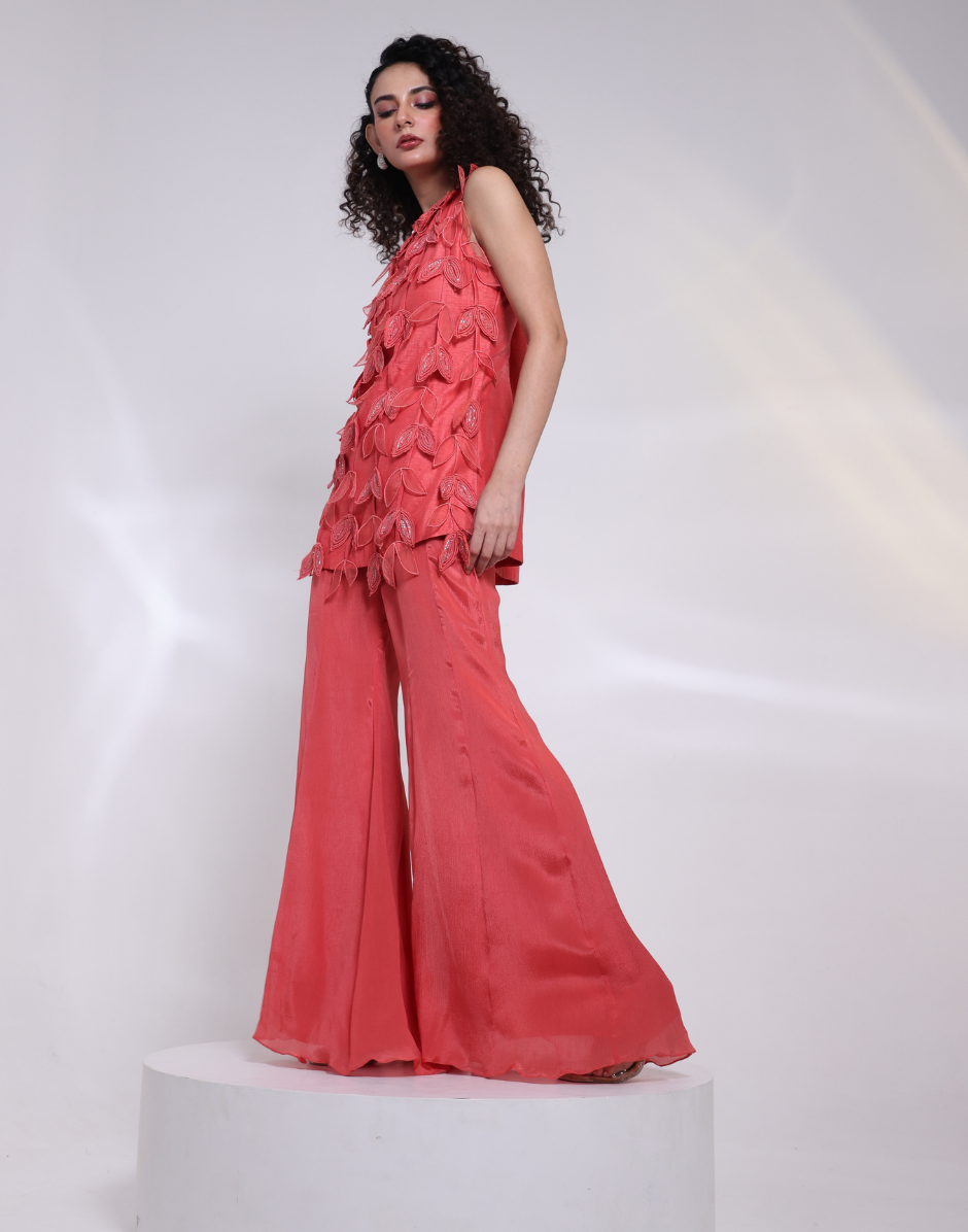 Burnt Terracotta Orange Two-Piece Co-Ord Set 3D Leaf Appliqué & Embellished Straight Cut Top_3