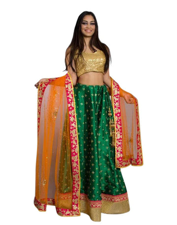 Buy Dark Green and Gold Lehenga Set with Orange Dupatta - Clearance_1