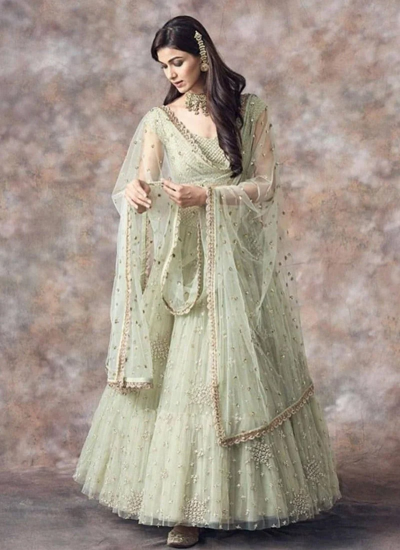 Wedding Pista Green Embroidery Net Lehenga Choli - Rent