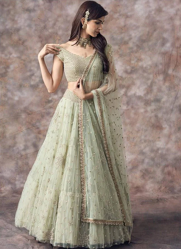 Wedding Pista Green Embroidery Net Lehenga Choli - Rent