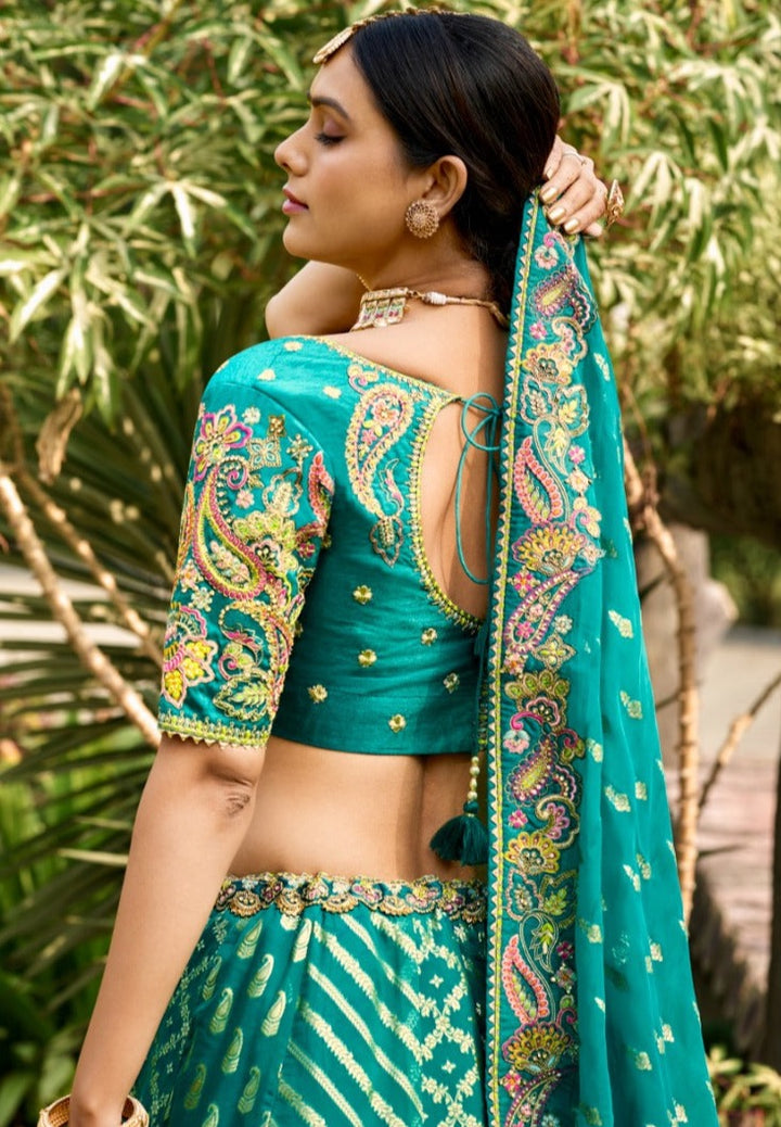 Ivory Green Banarasi Silk Lehenga- Rent