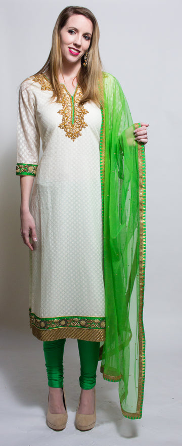 Chanderi Silk Kurta Adorned With Intricate Zardosi Work, Paired Elegantly With Pants And Matching Dupatta - Rent