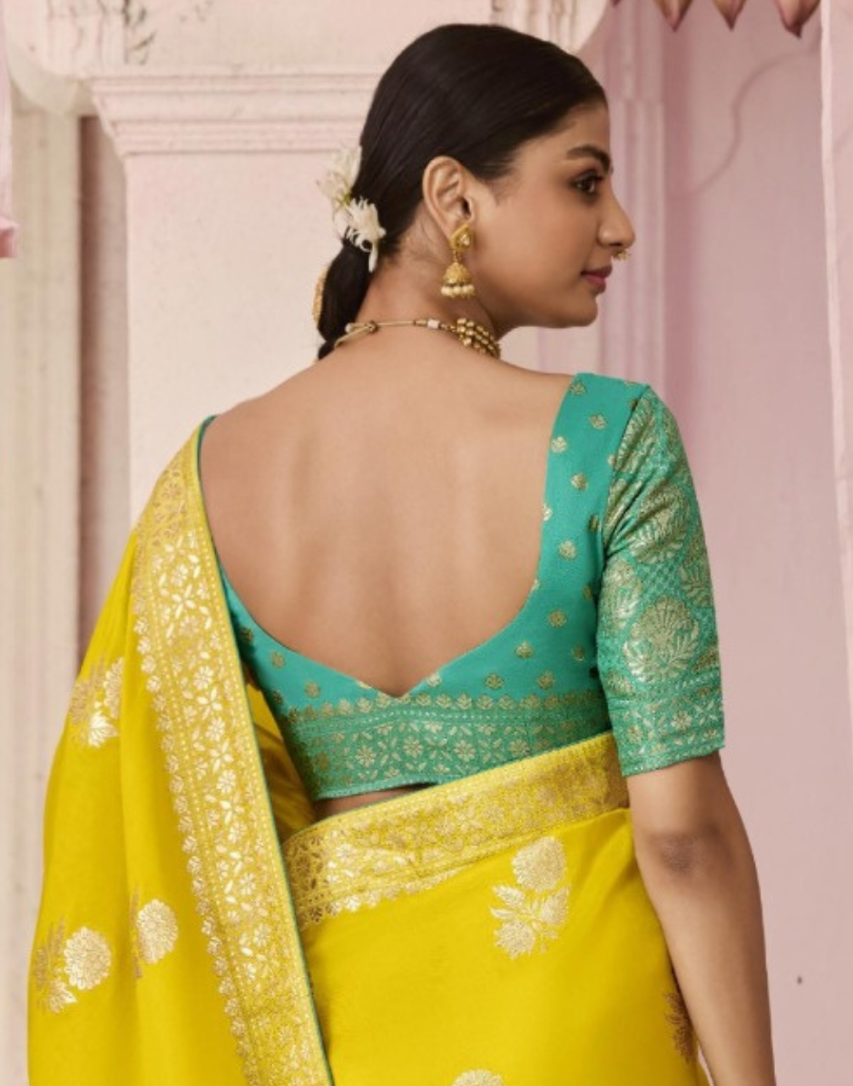 Charming Yellow Dola Silk Saree with Rich All Over Floral Patterns_3