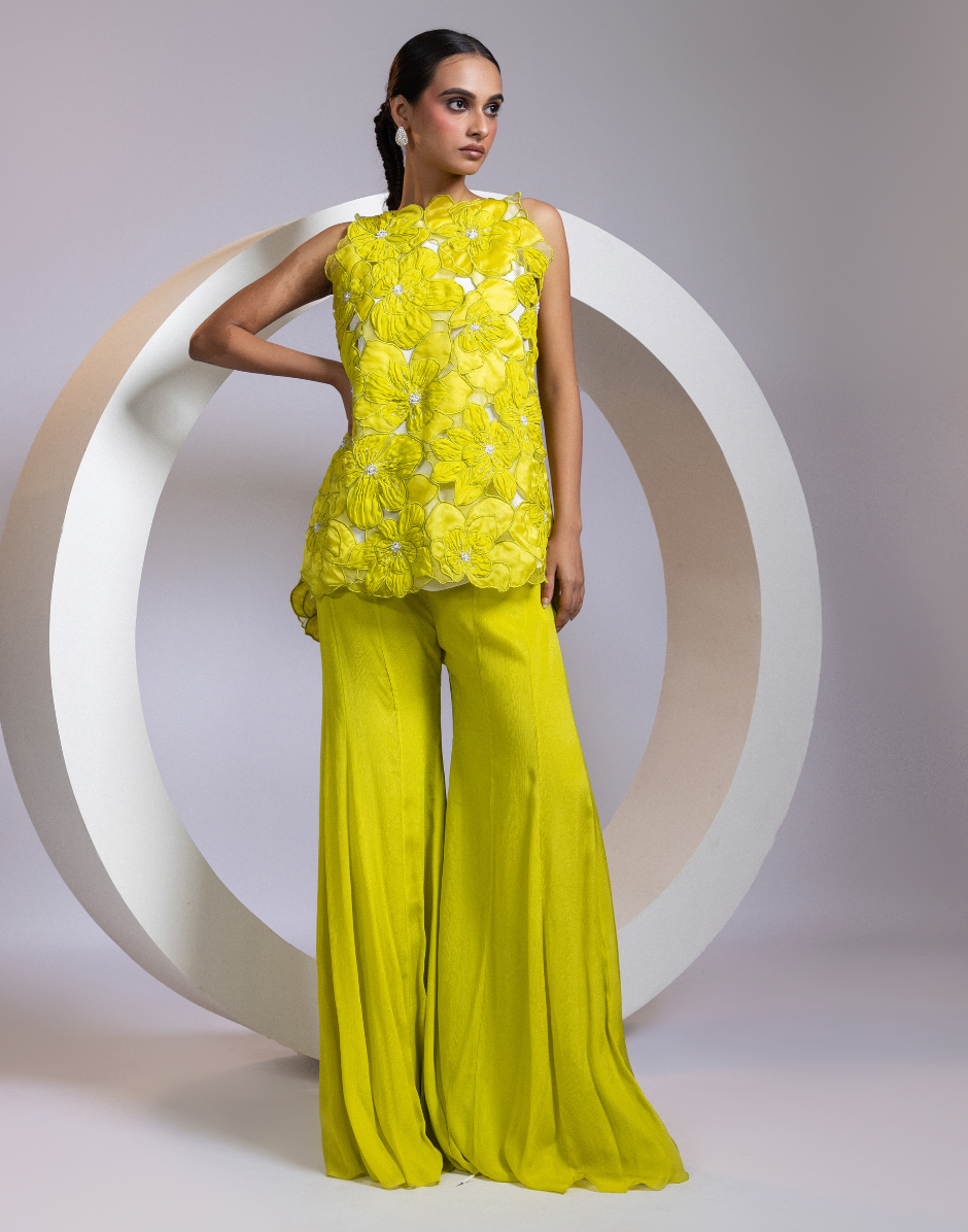 Chartreuse Green 3-Piece Coord Set with 3D Organza Floral Cutwork Top & Wide-Leg Palazzo Pants