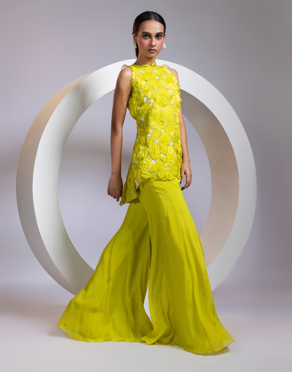 Chartreuse Green 3-Piece Coord Set with 3D Organza Floral Cutwork Top & Wide-Leg Palazzo Pants