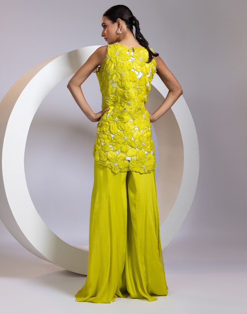 Chartreuse Green 3-Piece Coord Set with 3D Organza Floral Cutwork Top & Wide-Leg Palazzo Pants_3