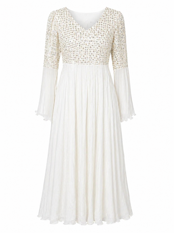 Elegant Ivory Embroidered Anarkali Gown with Flared Sleeves