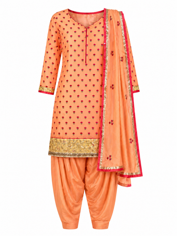 Peach Floral Printed Kurta Set with Patiala Salwar & Dupatta
