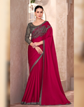Cherry Red Ethnic Elegance Pure Chiffon Saree with Linen Embroidered Blouse - Buy