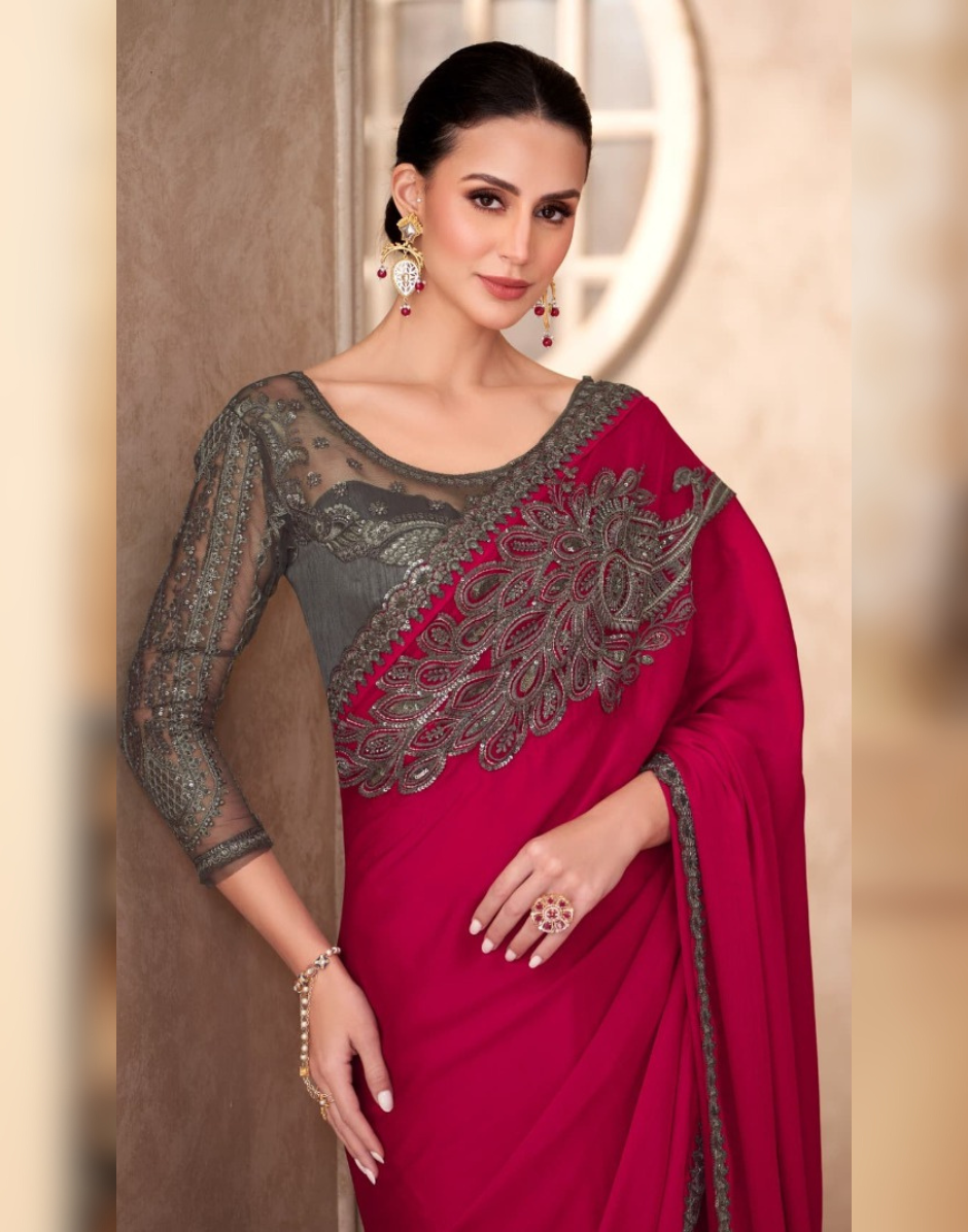 Cherry Red Ethnic Elegance Pure Chiffon Saree with Linen Embroidered Blouse - Buy