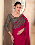 Cherry Red Ethnic Elegance Pure Chiffon Saree with Linen Embroidered Blouse - Buy_1
