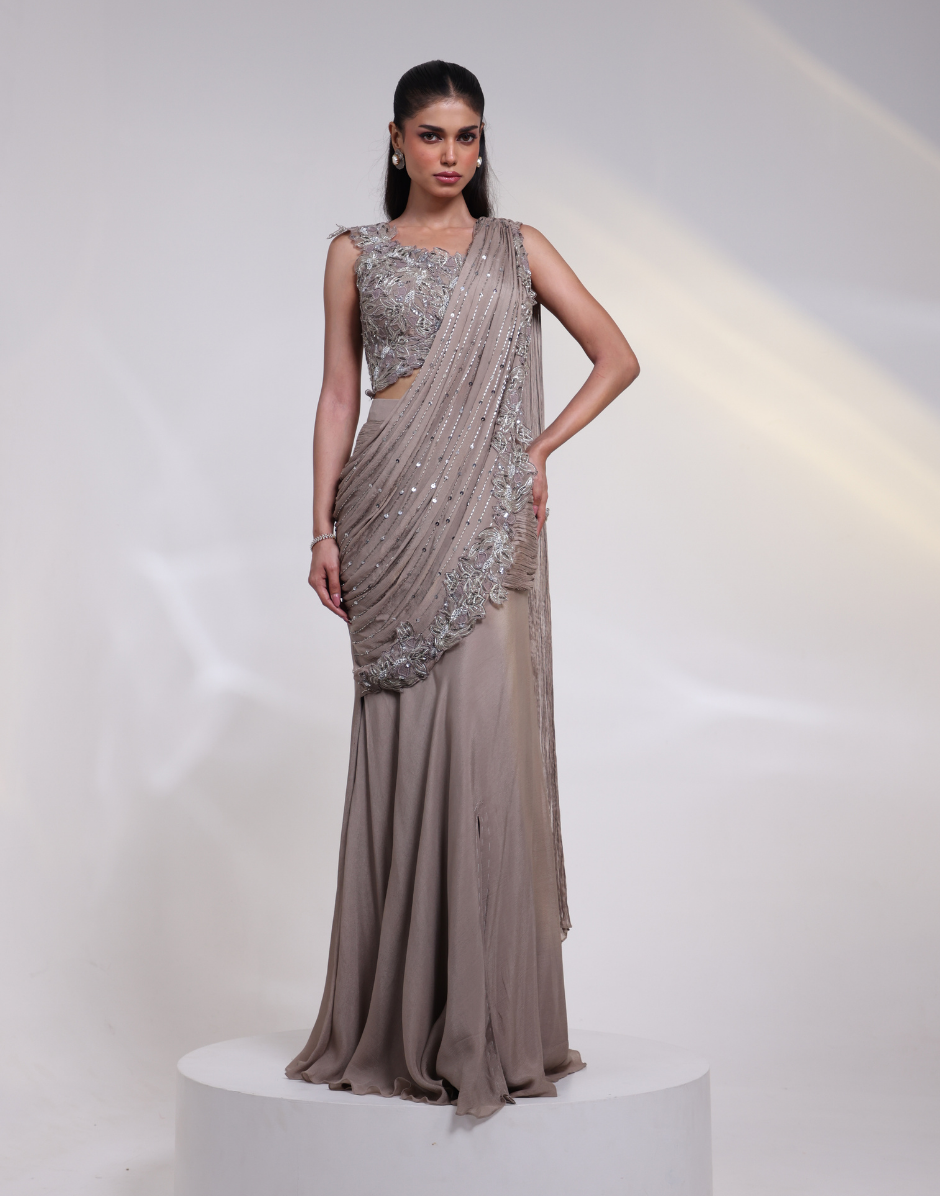 Chic Ash Grey Draped Saree Gown Ensemble with Beaded Floral Blouse Tissue Pant & Organza Cape