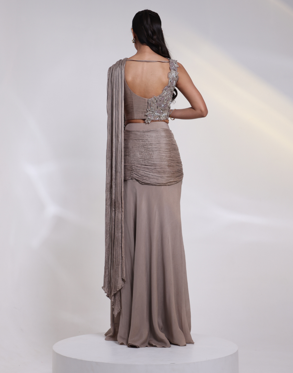 Chic Ash Grey Draped Saree Gown Ensemble with Beaded Floral Blouse Tissue Pant & Organza Cape