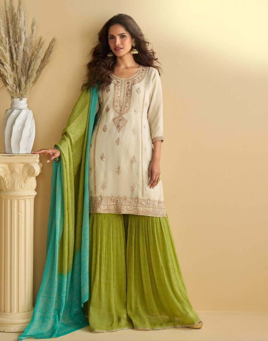 Chic Beige Chinon Silk Palazzo Set Embroidered Top and Dupatta Included