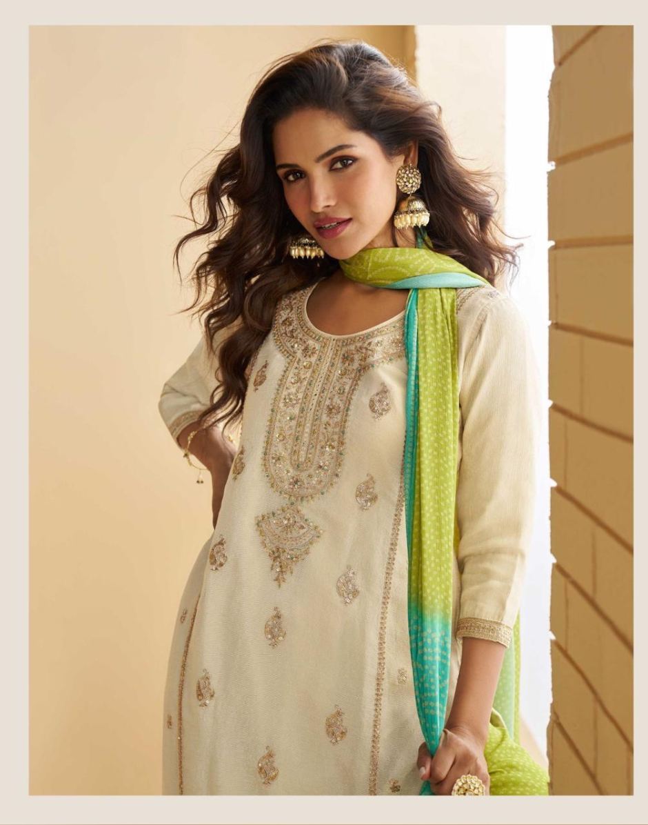 Chic Beige Chinon Silk Palazzo Set Embroidered Top and Dupatta Included_1