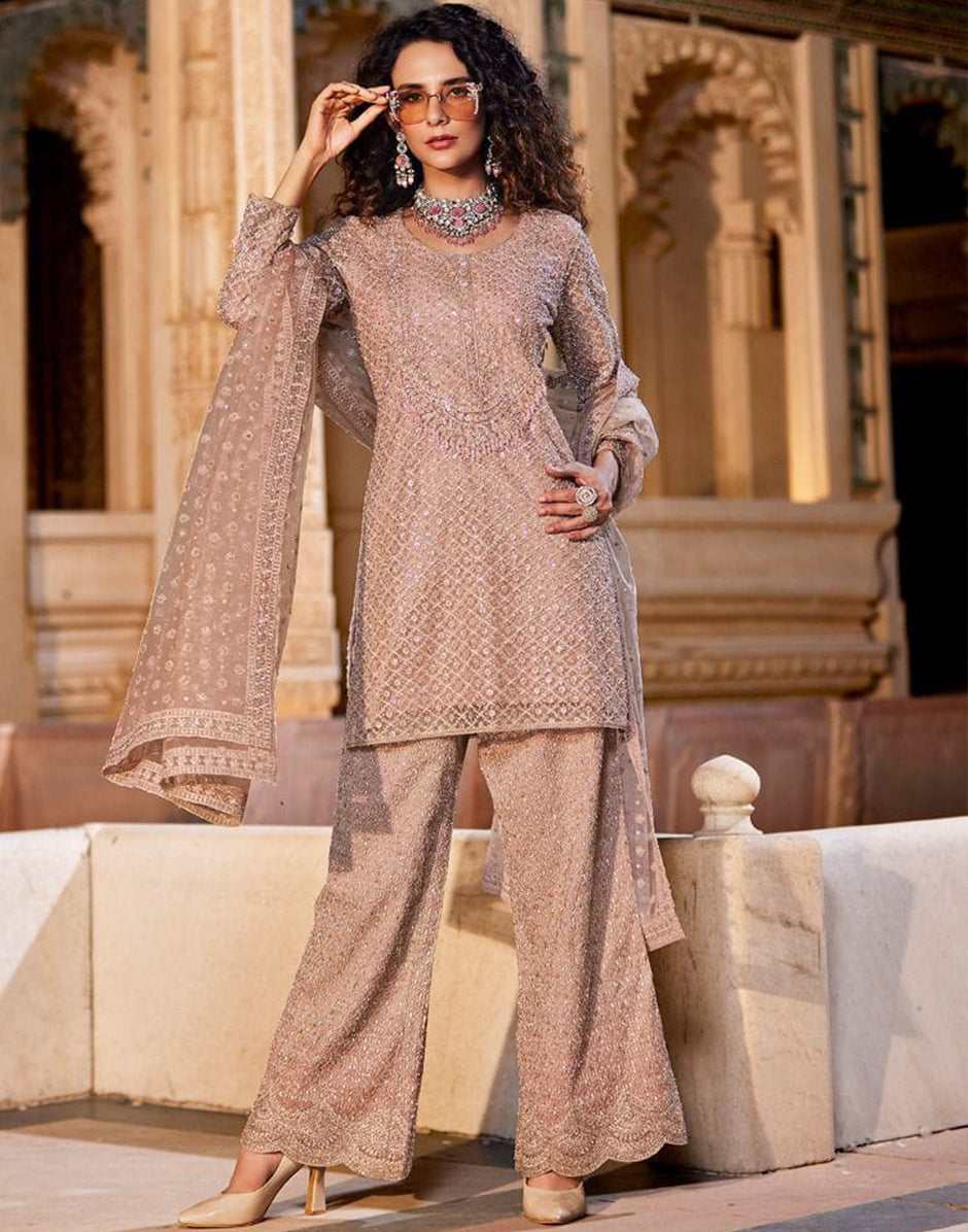 Chic Beige Sequins Kurta with Coordinating Bottom & Dupatta