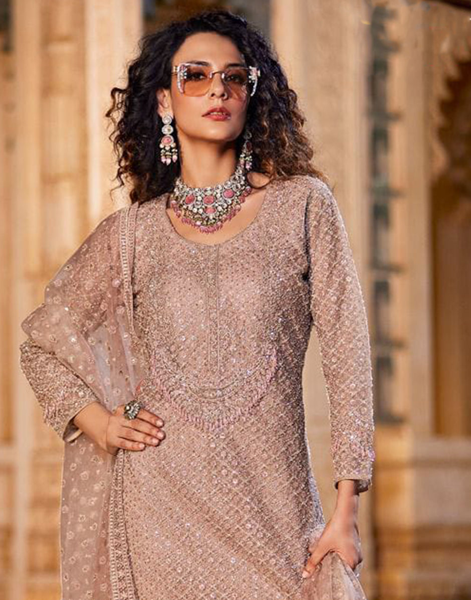 Chic Beige Sequins Kurta with Coordinating Bottom & Dupatta