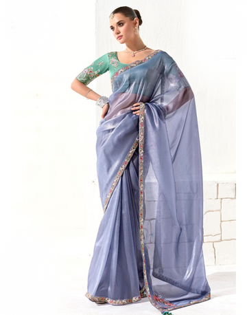 Chic Blue Organza Saree with Sequin Accents and Fine Thread Embroidery