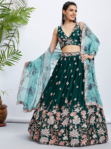 Chic Charm Pure Georgette Sequins And Thread Embroidery Lehenga Choli & Dupatta - Rent