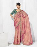 Chic & Classy Baby Pink Saree with Embroidery Work and Printed Blouse - Buy