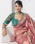 Chic & Classy Baby Pink Saree with Embroidery Work and Printed Blouse - Buy_1