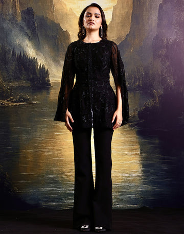 Chic Elegance Black Hand-Embellished Tone-on-Tone Kurta with Flared Cut Sleeves and Crepe Pants