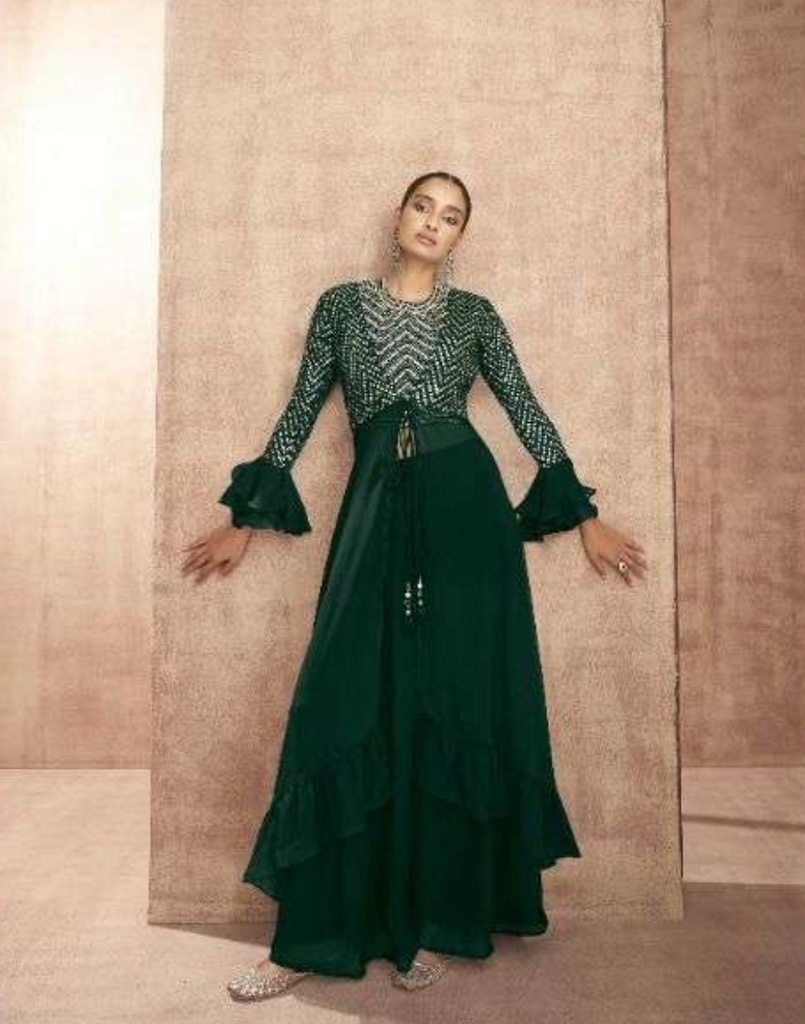 Chic Green Ethnic Jacket Set with Sequin Embroidery Wedding Party We